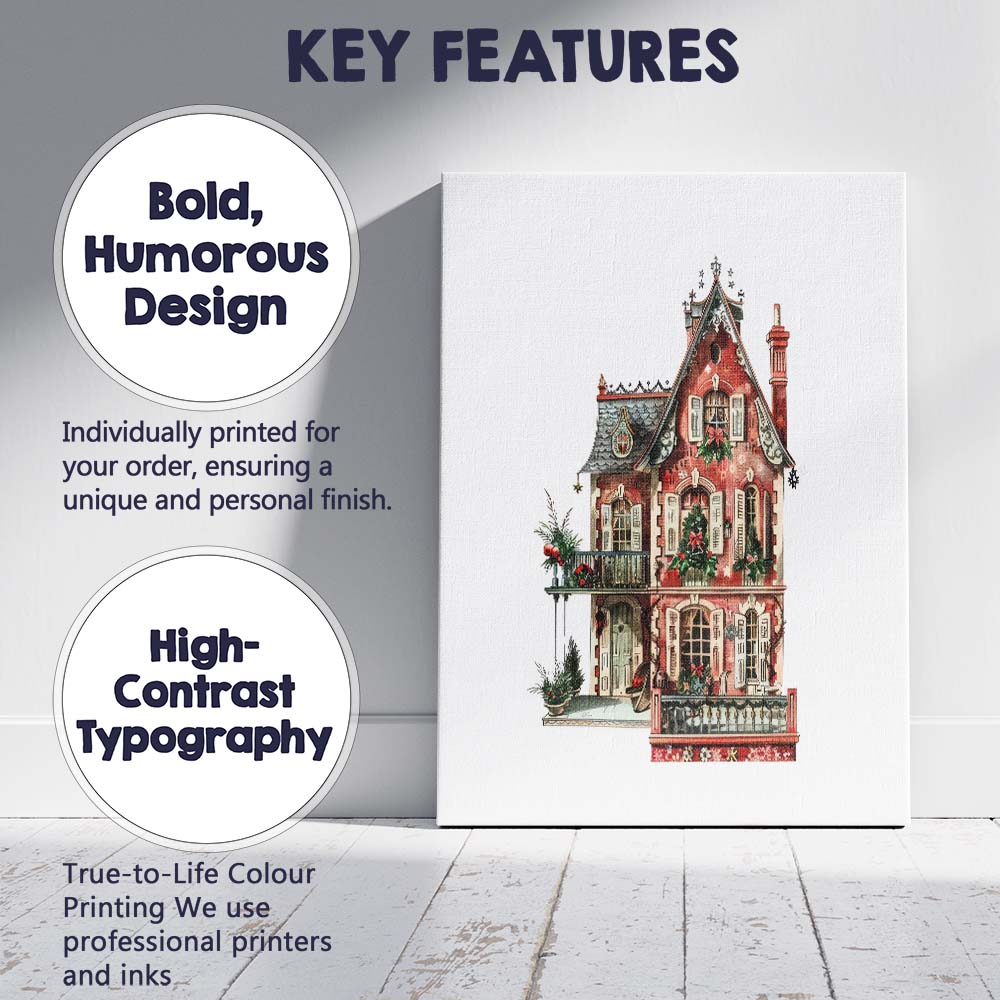 Victorian Christmas House Festive Watercolour Architecture Canvas Wall Art Print Decor Picture Ready to Hang