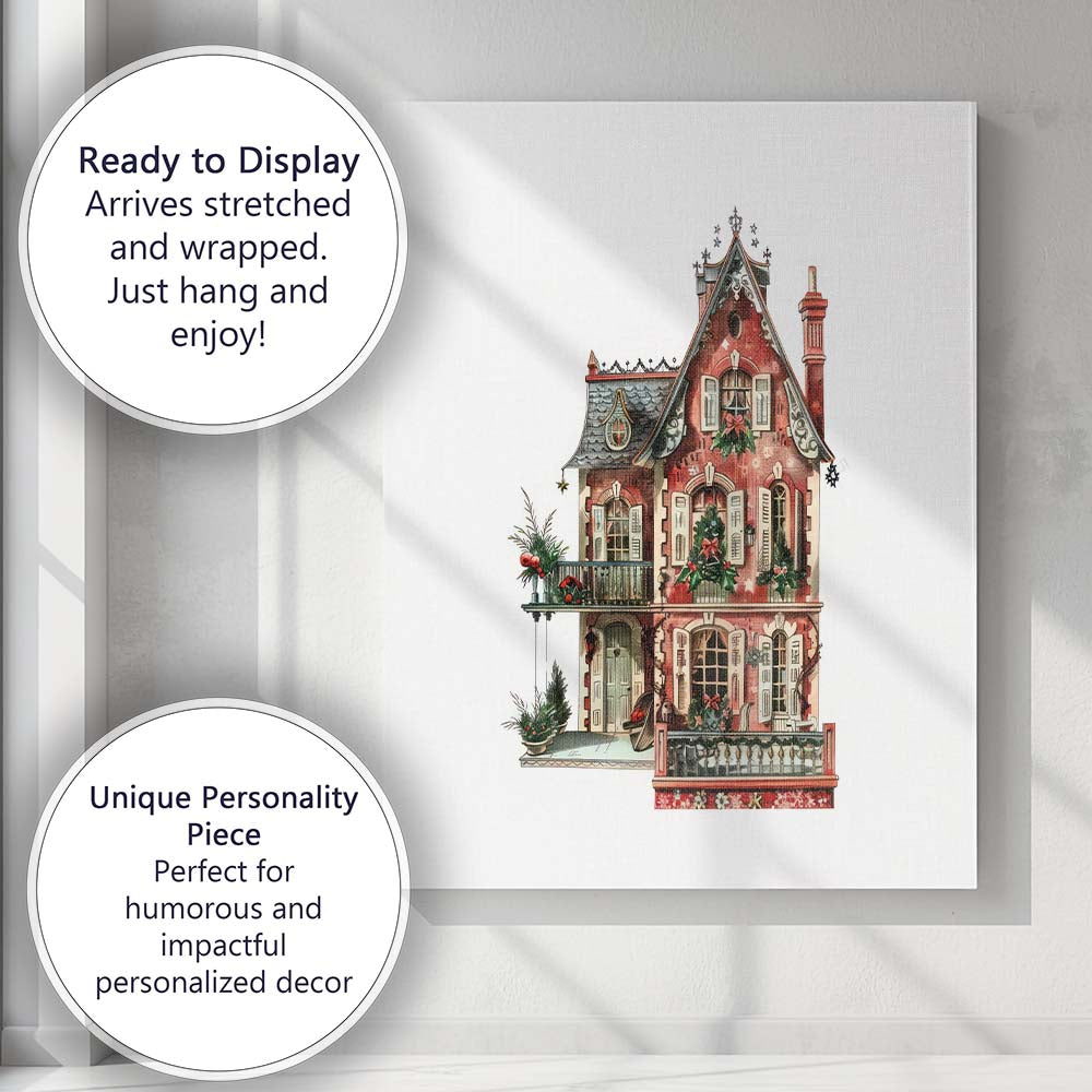Victorian Christmas House Festive Watercolour Architecture Canvas Wall Art Print Decor Picture Ready to Hang