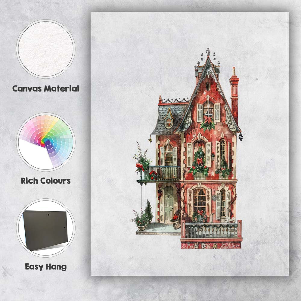 Victorian Christmas House Festive Watercolour Architecture Canvas Wall Art Print Decor Picture Ready to Hang