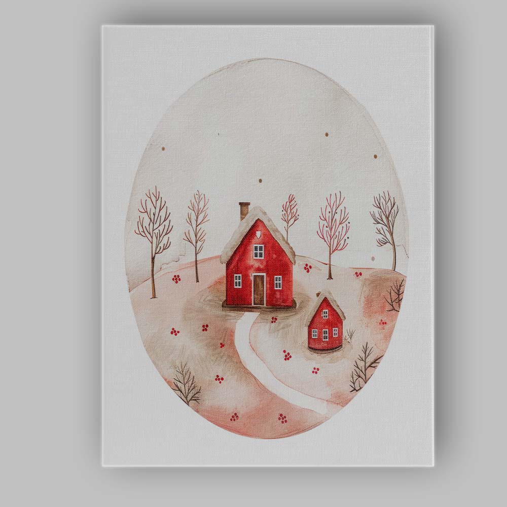 Scandinavian Red House Winter Landscape Watercolour Canvas Wall Art Print Decor Picture Ready to Hang