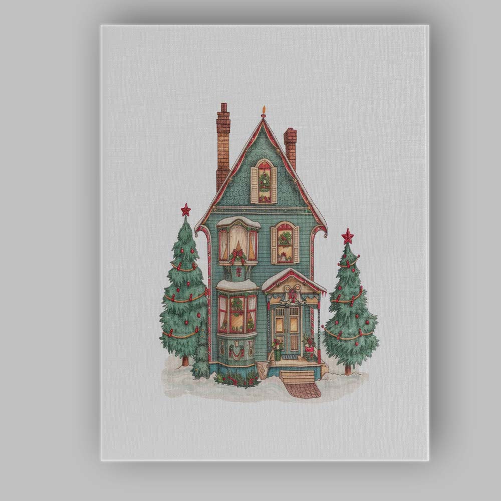 Victorian Christmas House With Evergreen Trees Watercolour Illustration Canvas Wall Art Print Decor Picture Ready to Hang