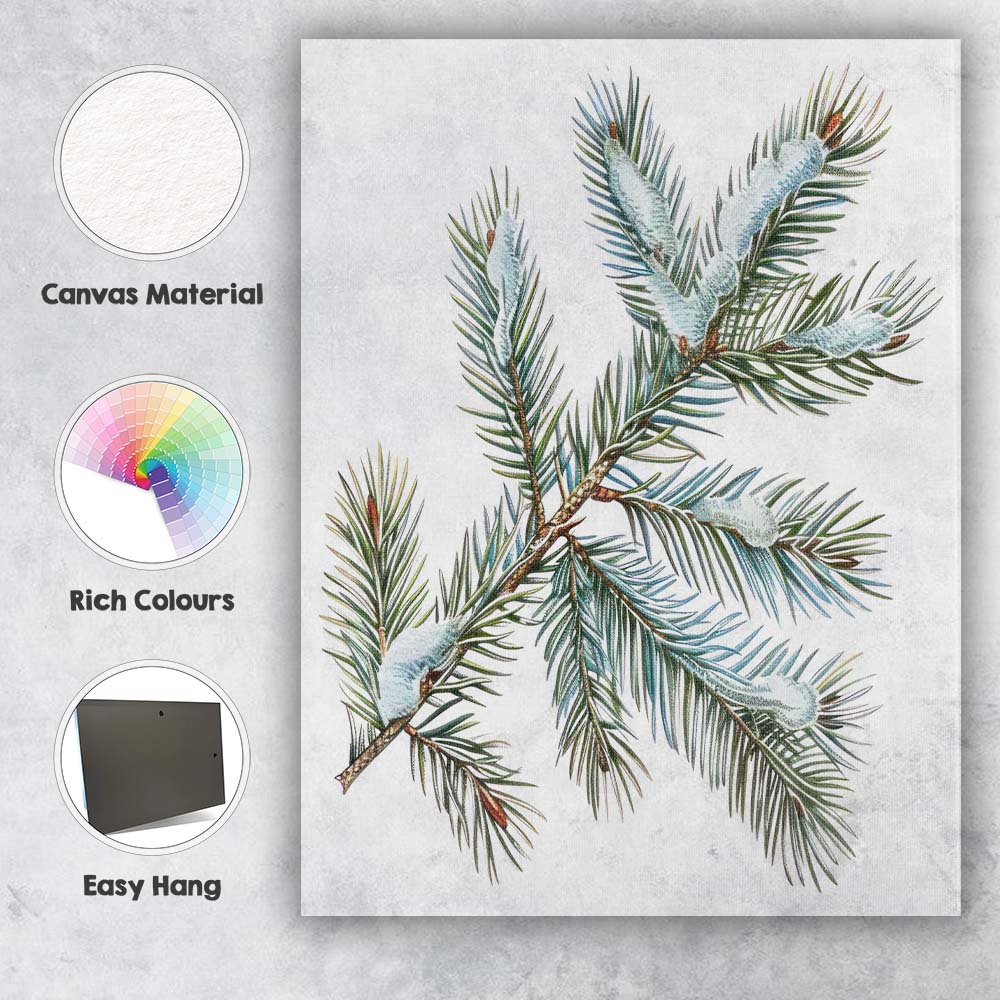 Snow Covered Spruce Branch Winter Botanical Watercolour Canvas Wall Art Print Decor Picture Ready to Hang