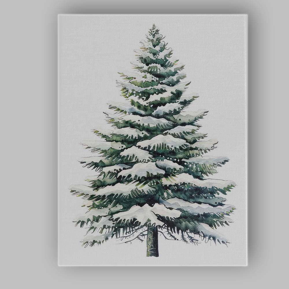 Watercolour Snow Covered Fir Tree Winter Woodland Illustration Canvas Wall Art Print Decor Picture Ready to Hang