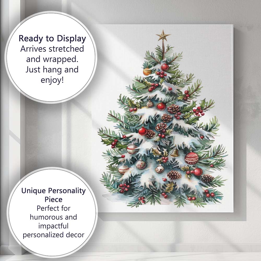 Snow Covered Christmas Tree With Red Baubles Watercolour Canvas Wall Art Print Decor Picture Ready to Hang