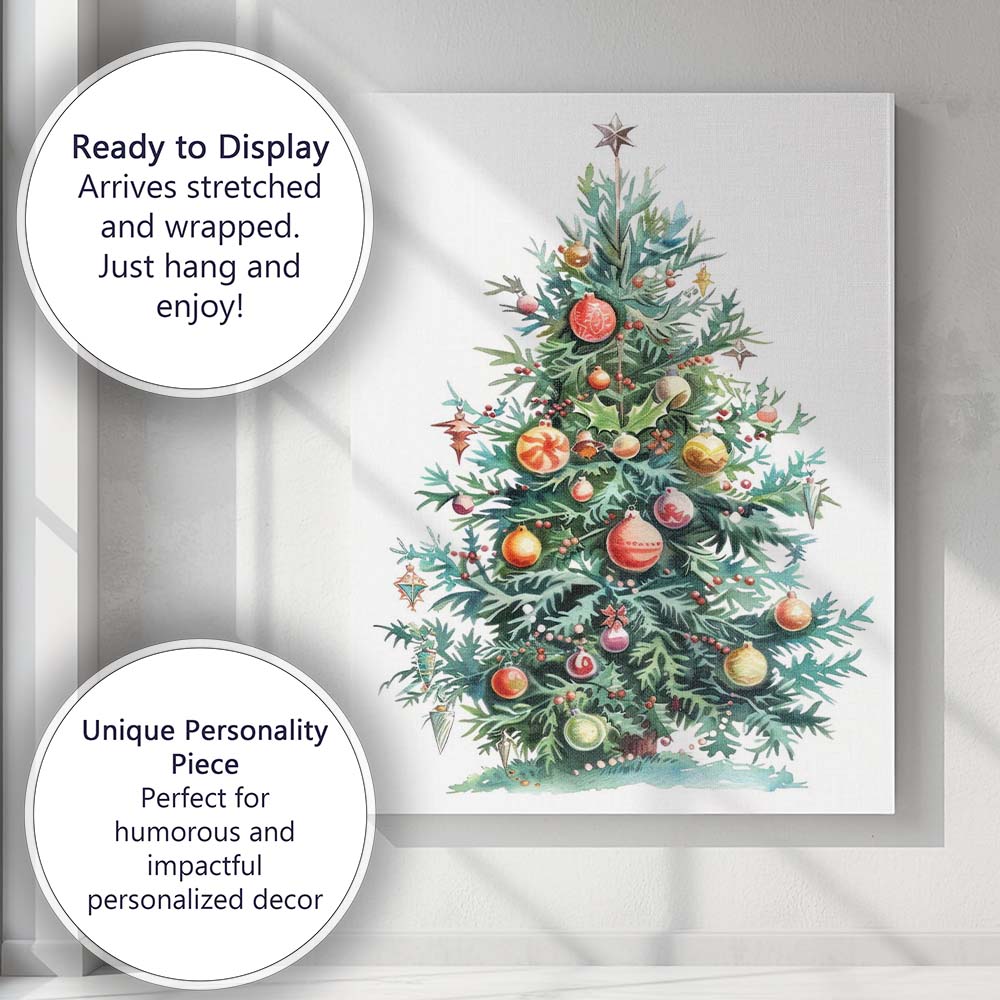 Whimsical Decorated Christmas Tree Watercolour Holiday Artwork Canvas Wall Art Print Decor Picture Ready to Hang