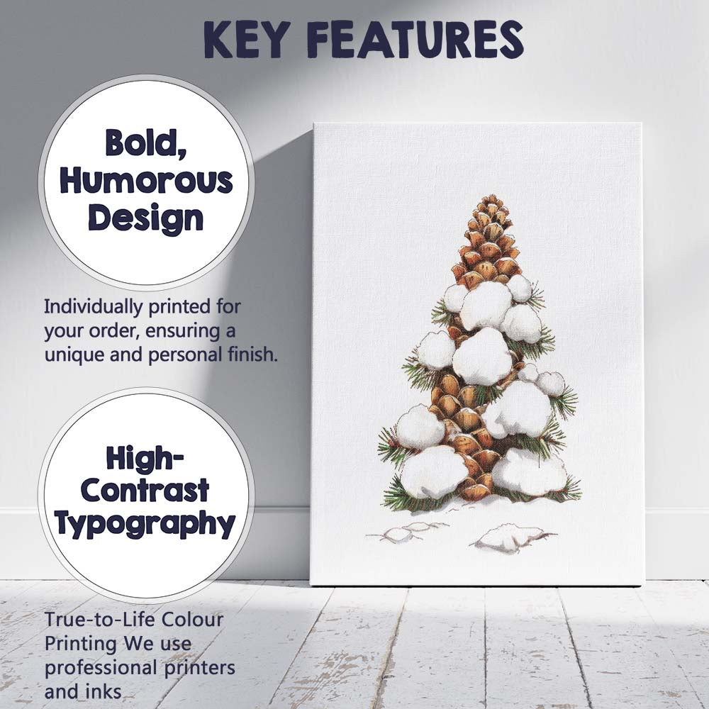 Snow Covered Pine Cone Christmas Tree Rustic Winter Botanical Illustration Canvas Wall Art Print Decor Picture Ready to Hang