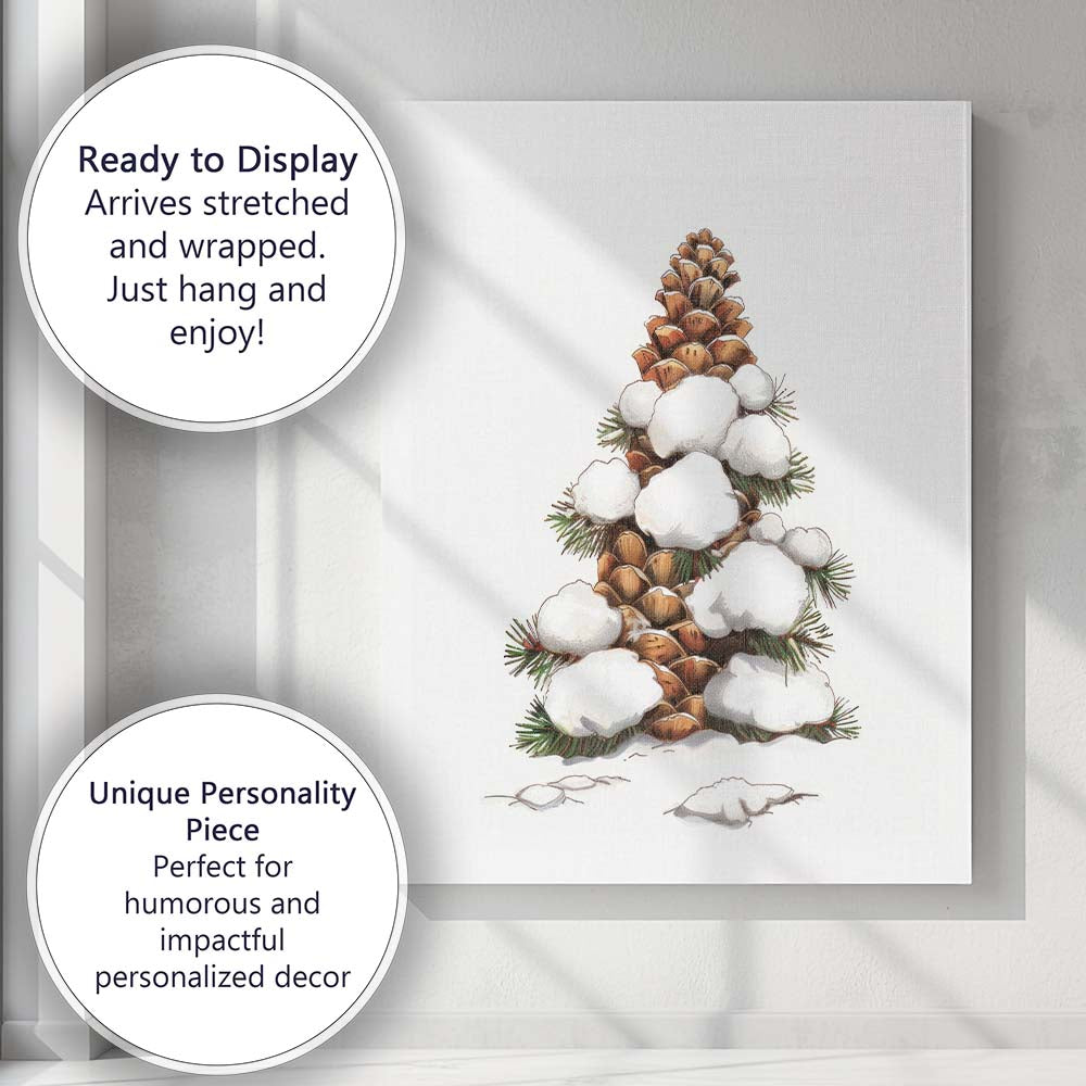 Snow Covered Pine Cone Christmas Tree Rustic Winter Botanical Illustration Canvas Wall Art Print Decor Picture Ready to Hang