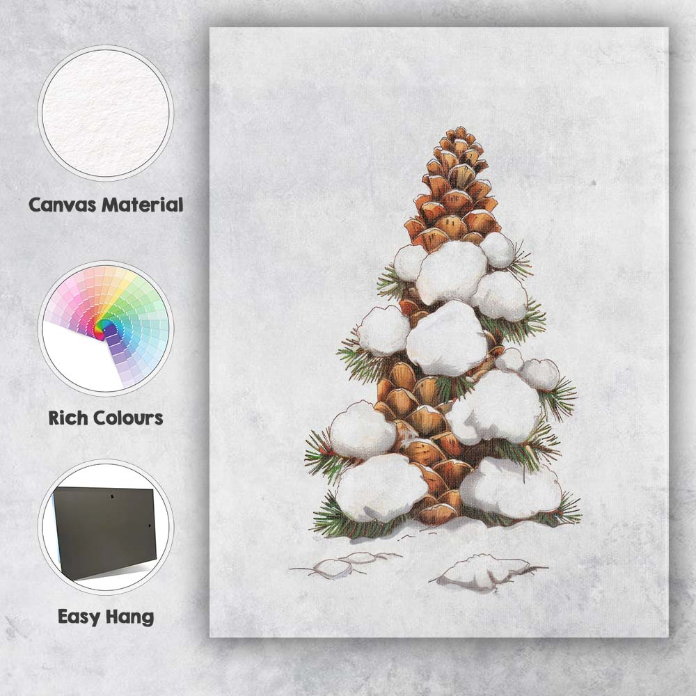 Snow Covered Pine Cone Christmas Tree Rustic Winter Botanical Illustration Canvas Wall Art Print Decor Picture Ready to Hang