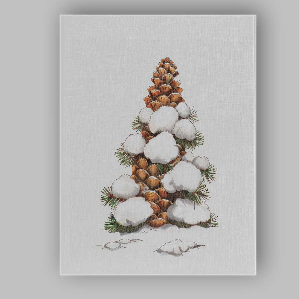 Snow Covered Pine Cone Christmas Tree Rustic Winter Botanical Illustration Canvas Wall Art Print Decor Picture Ready to Hang