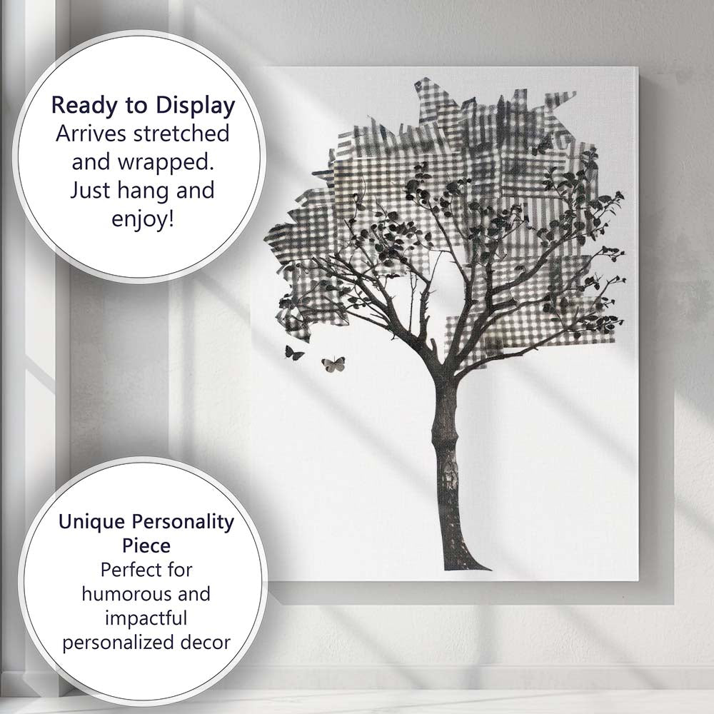 Monochrome Plaid Tree Silhouette Mixed Media Nature Collage Canvas Wall Art Print Decor Picture Ready to Hang