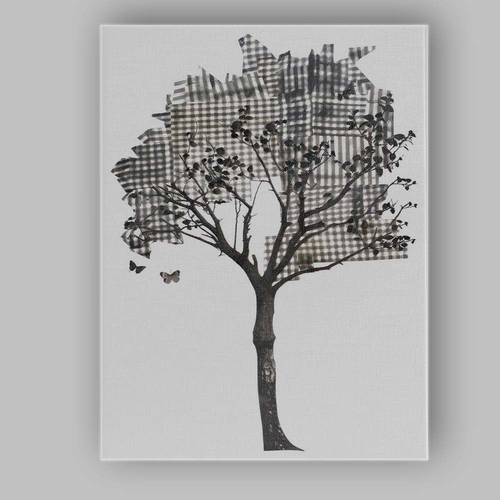 Monochrome Plaid Tree Silhouette Mixed Media Nature Collage Canvas Wall Art Print Decor Picture Ready to Hang