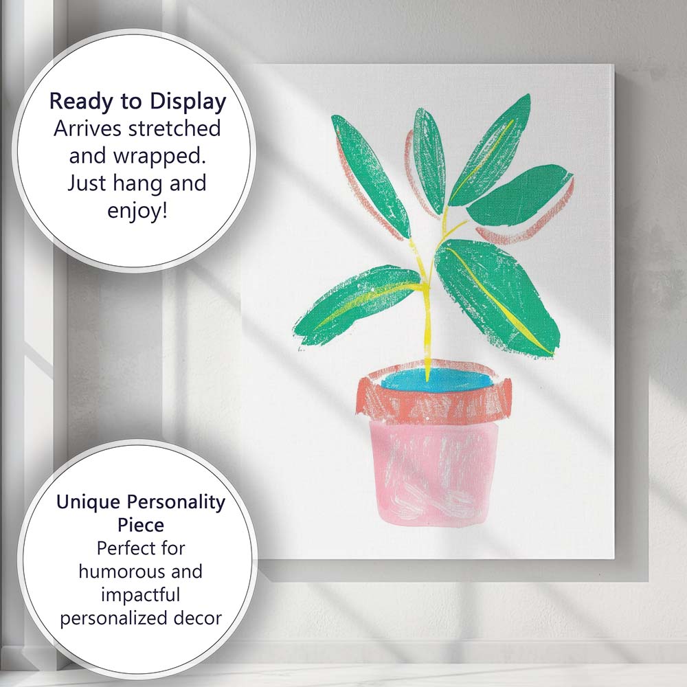 Modern Potted Green Houseplant Minimalist Textured Botanical Illustration Canvas Wall Art Print Decor Picture Ready to Hang
