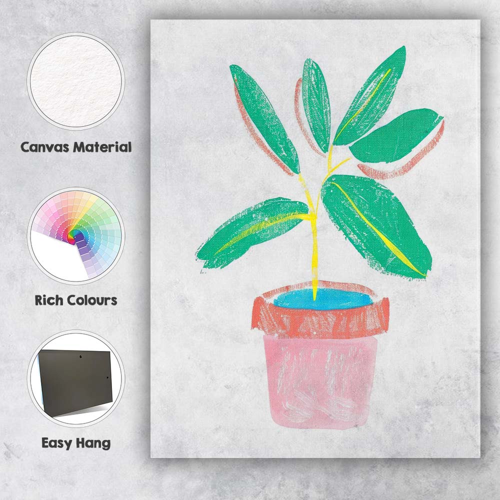 Modern Potted Green Houseplant Minimalist Textured Botanical Illustration Canvas Wall Art Print Decor Picture Ready to Hang