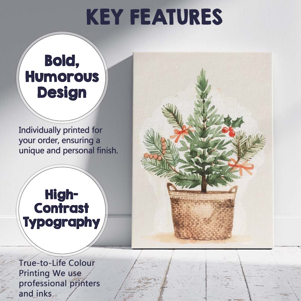 Festive Evergreen Basket Arrangement Watercolour Christmas Botanical Artwork Canvas Wall Art Print Decor Picture Ready to Hang