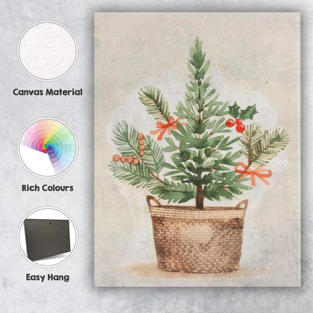 Festive Evergreen Basket Arrangement Watercolour Christmas Botanical Artwork Canvas Wall Art Print Decor Picture Ready to Hang