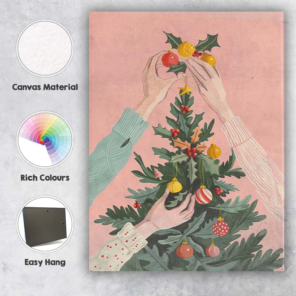 Christmas Tree Decorating Scene Festive Holiday Illustration Canvas Wall Art Print Decor Picture Ready to Hang