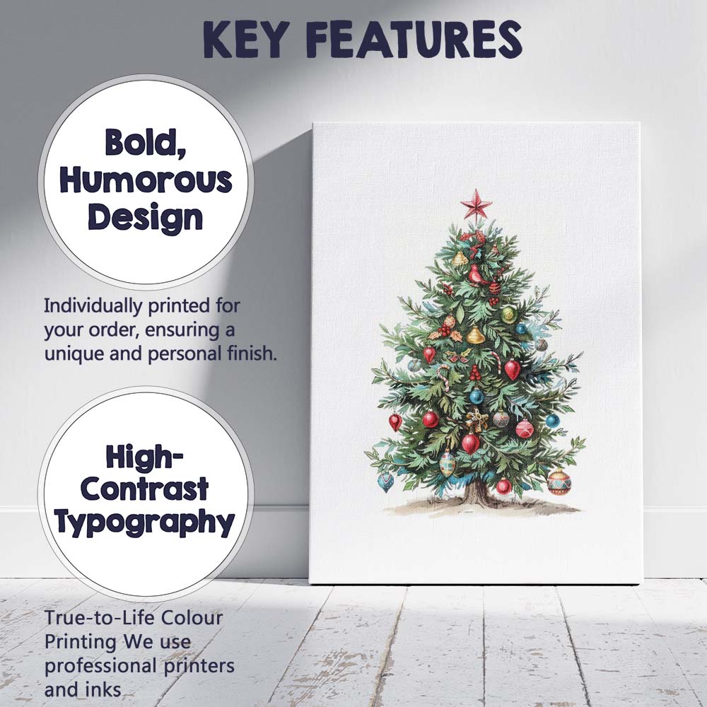 Watercolour Decorated Christmas Tree Traditional Festive Holiday Artwork Canvas Wall Art Print Decor Picture Ready to Hang