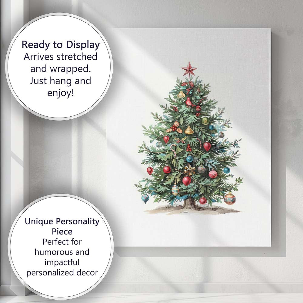 Watercolour Decorated Christmas Tree Traditional Festive Holiday Artwork Canvas Wall Art Print Decor Picture Ready to Hang