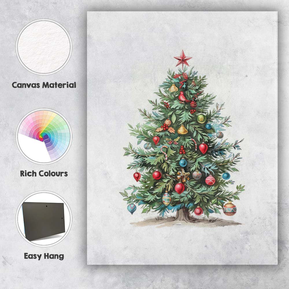 Watercolour Decorated Christmas Tree Traditional Festive Holiday Artwork Canvas Wall Art Print Decor Picture Ready to Hang