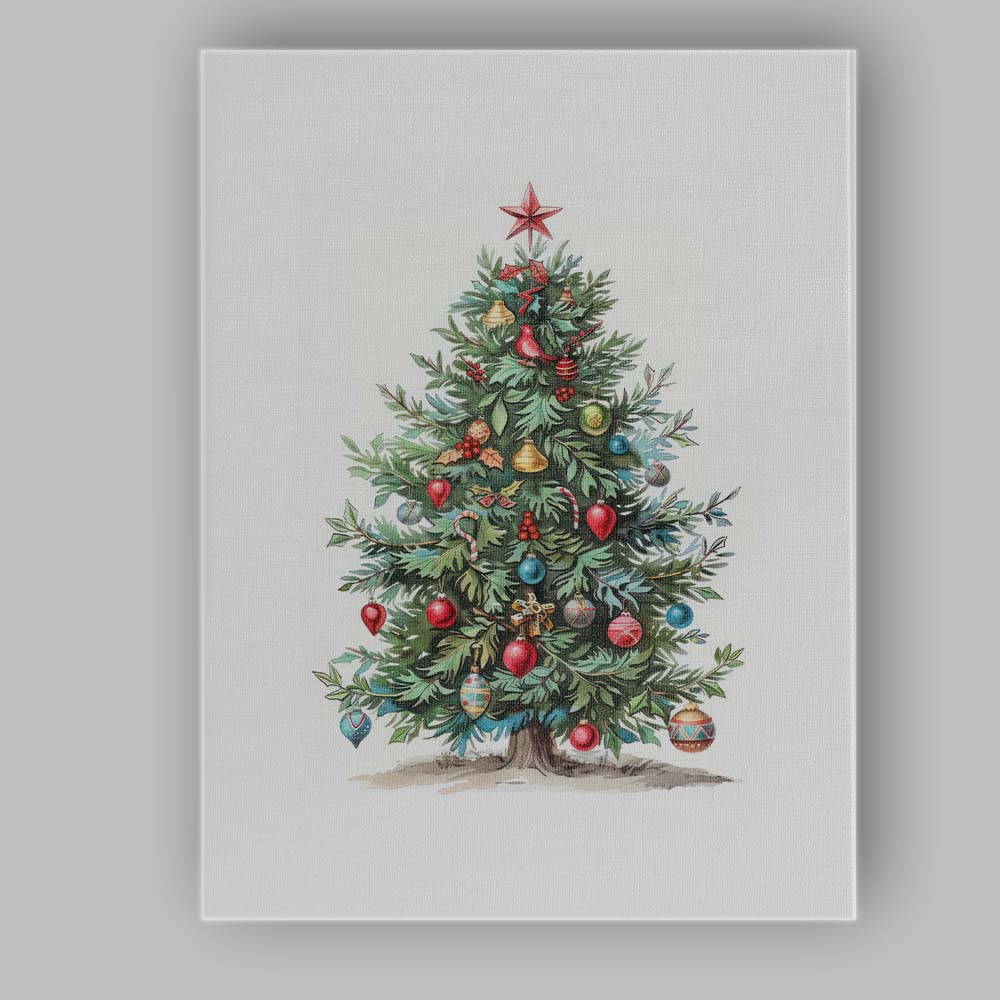 Watercolour Decorated Christmas Tree Traditional Festive Holiday Artwork Canvas Wall Art Print Decor Picture Ready to Hang