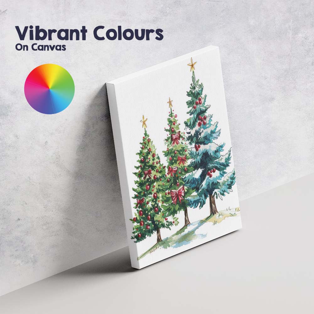 Watercolour Christmas Trees With Red Berries Snow Covered Evergreen Forest Canvas Wall Art Print Decor Picture Ready to Hang