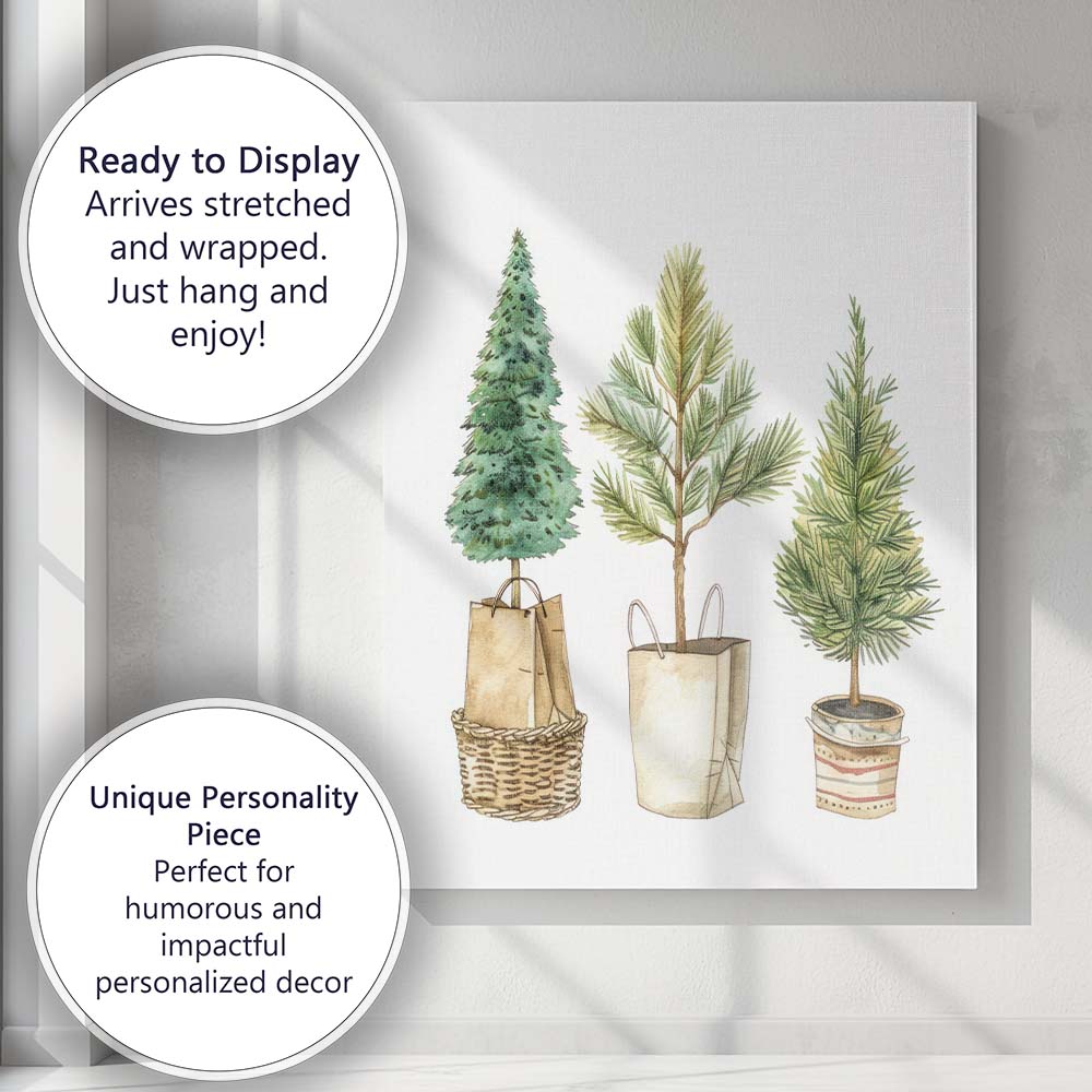 Rustic Potted Evergreen Trees Botanical Watercolour Collection Canvas Wall Art Print Decor Picture Ready to Hang