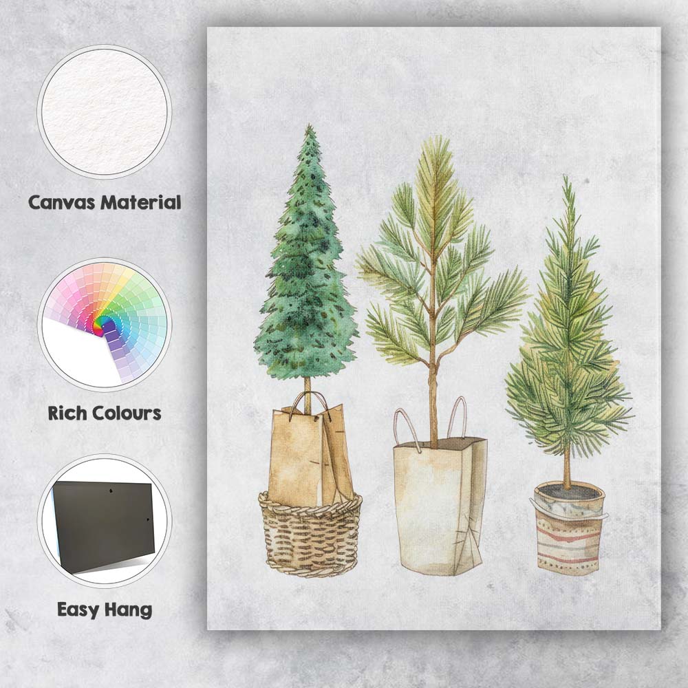Rustic Potted Evergreen Trees Botanical Watercolour Collection Canvas Wall Art Print Decor Picture Ready to Hang