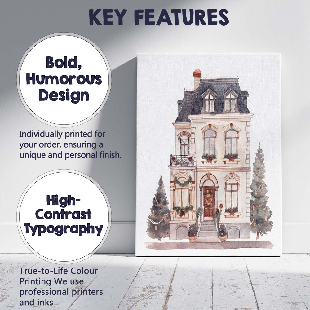 Elegant Victorian House Christmas Decoration Watercolour Artwork Canvas Wall Art Print Decor Picture Ready to Hang