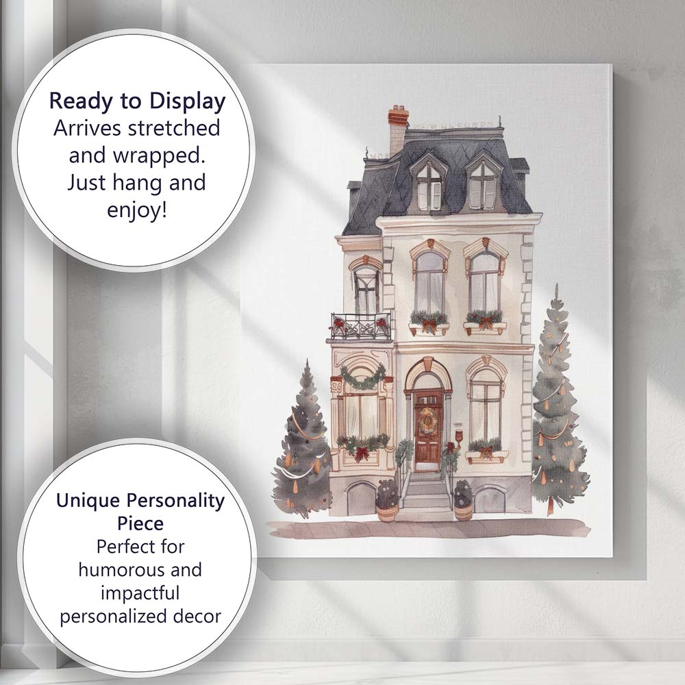 Elegant Victorian House Christmas Decoration Watercolour Artwork Canvas Wall Art Print Decor Picture Ready to Hang