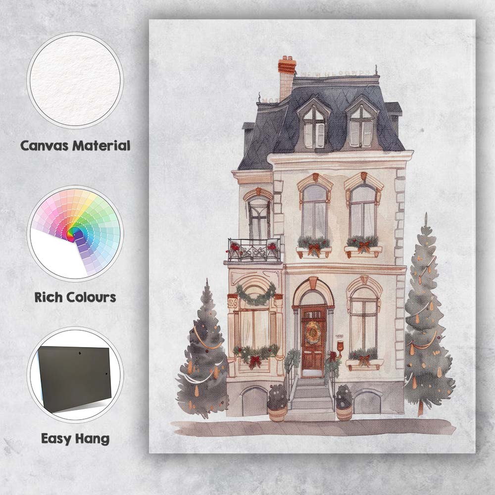 Elegant Victorian House Christmas Decoration Watercolour Artwork Canvas Wall Art Print Decor Picture Ready to Hang