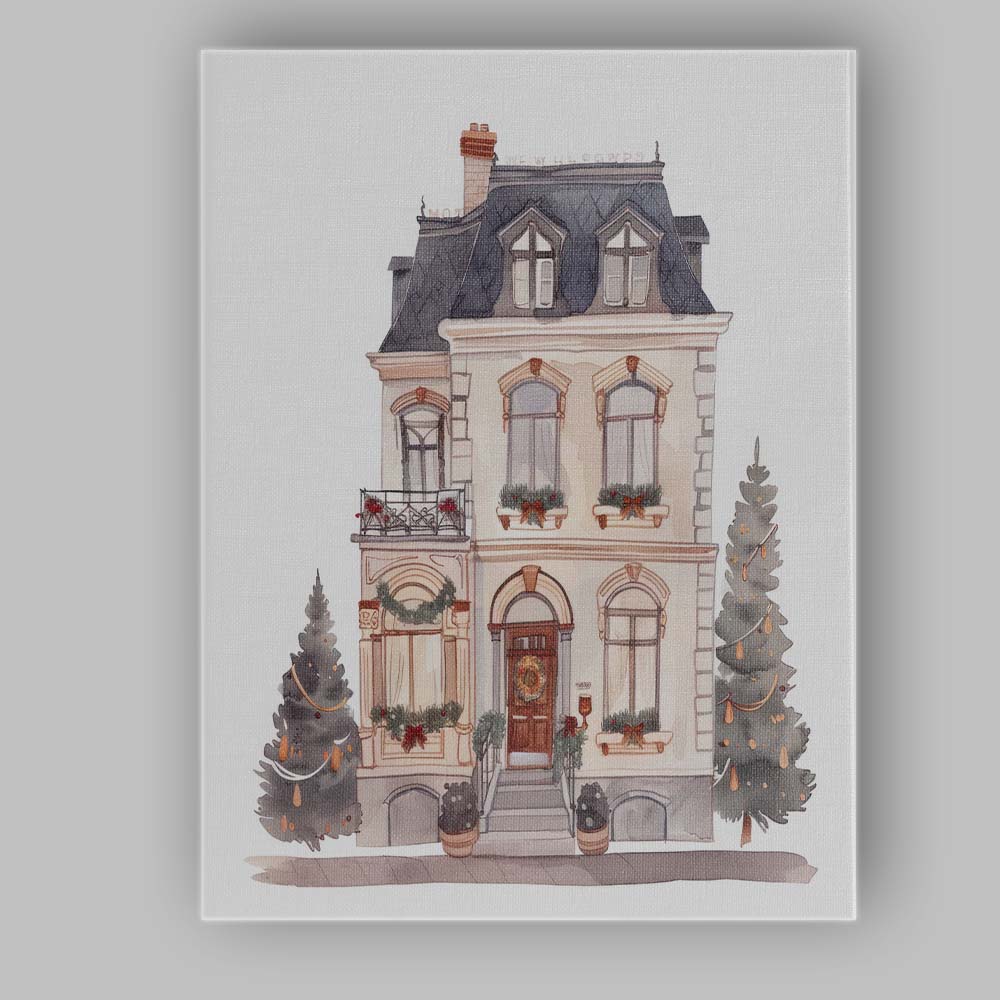 Elegant Victorian House Christmas Decoration Watercolour Artwork Canvas Wall Art Print Decor Picture Ready to Hang