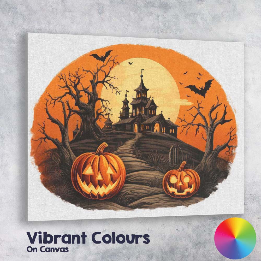Halloween Haunted House Pumpkin Moonlit Spooky Landscape Canvas Wall Art Print Decor Picture Ready to Hang