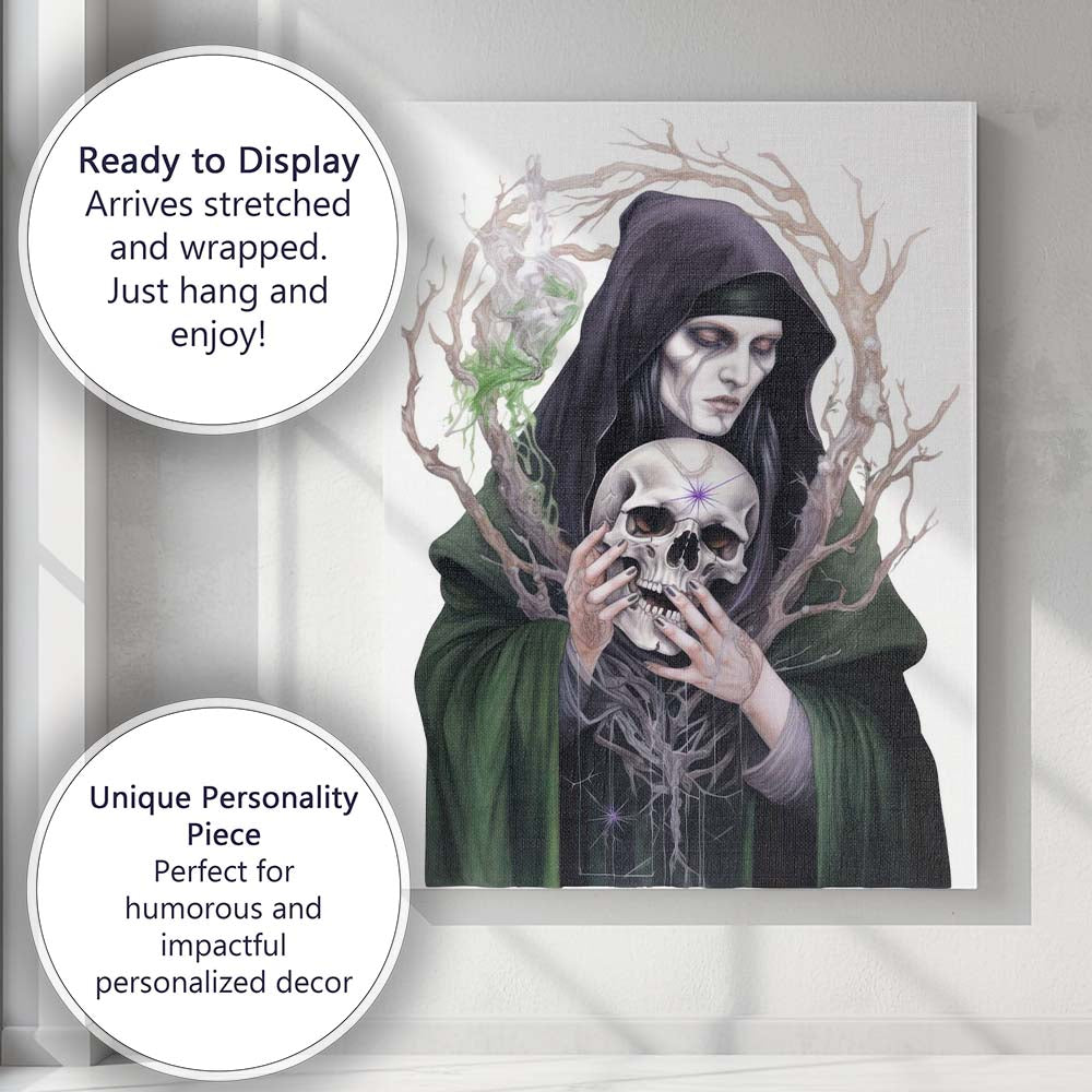 Dark Gothic Hooded Woman Holding Skull Fantasy Artwork Canvas Wall Art Print Decor Picture Ready to Hang