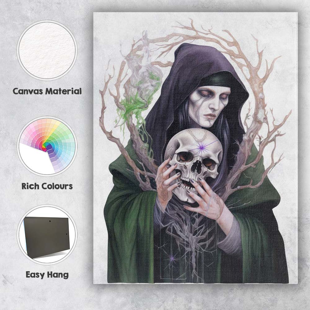 Dark Gothic Hooded Woman Holding Skull Fantasy Artwork Canvas Wall Art Print Decor Picture Ready to Hang