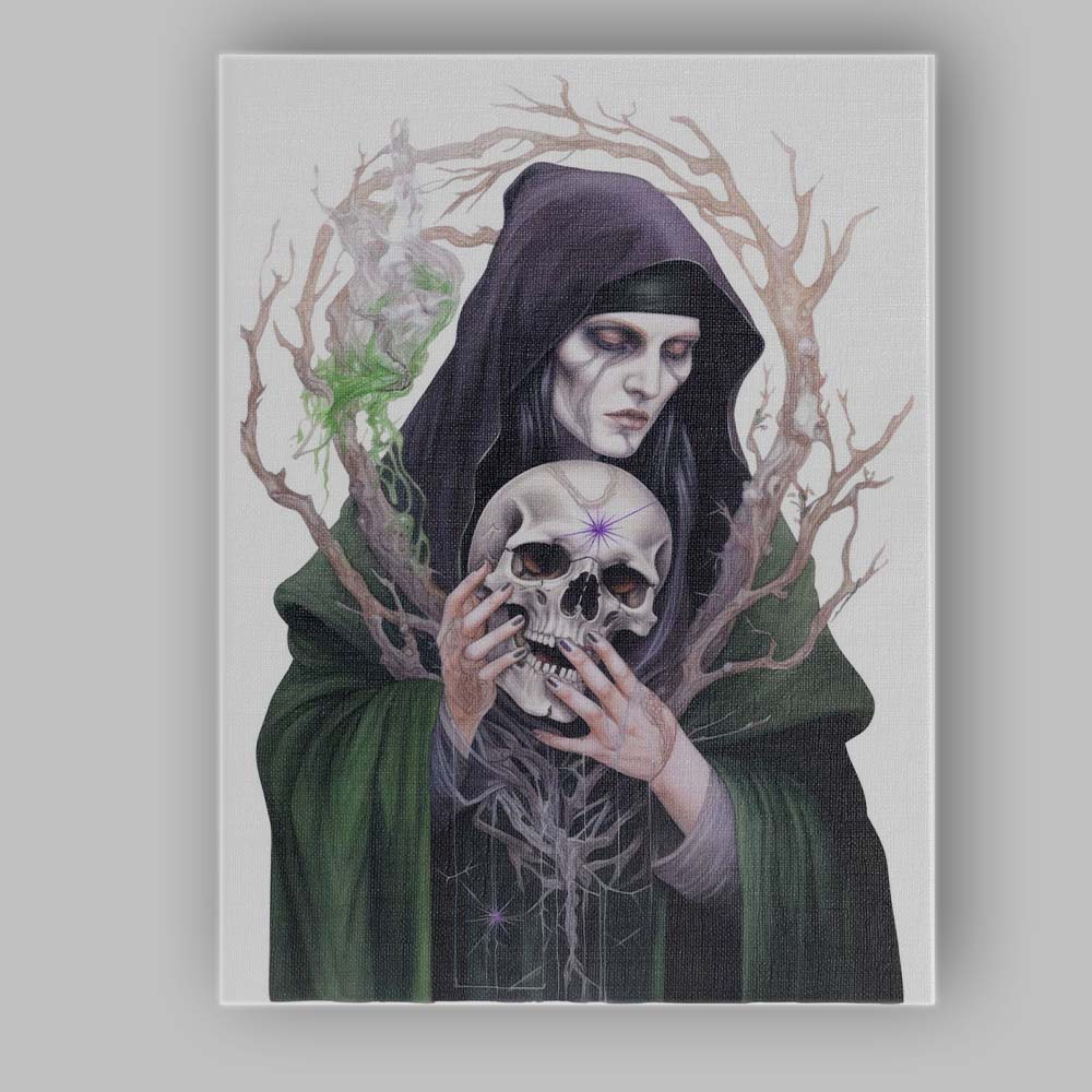 Dark Gothic Hooded Woman Holding Skull Fantasy Artwork Canvas Wall Art Print Decor Picture Ready to Hang