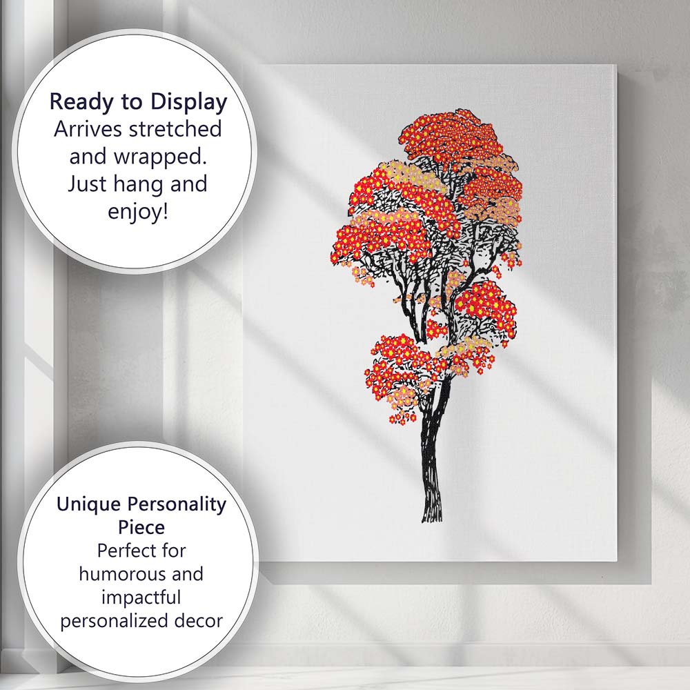 Red Blossom Bonsai Style Tree Floral Oriental Illustration Canvas Wall Art Print Decor Picture Ready to Hang