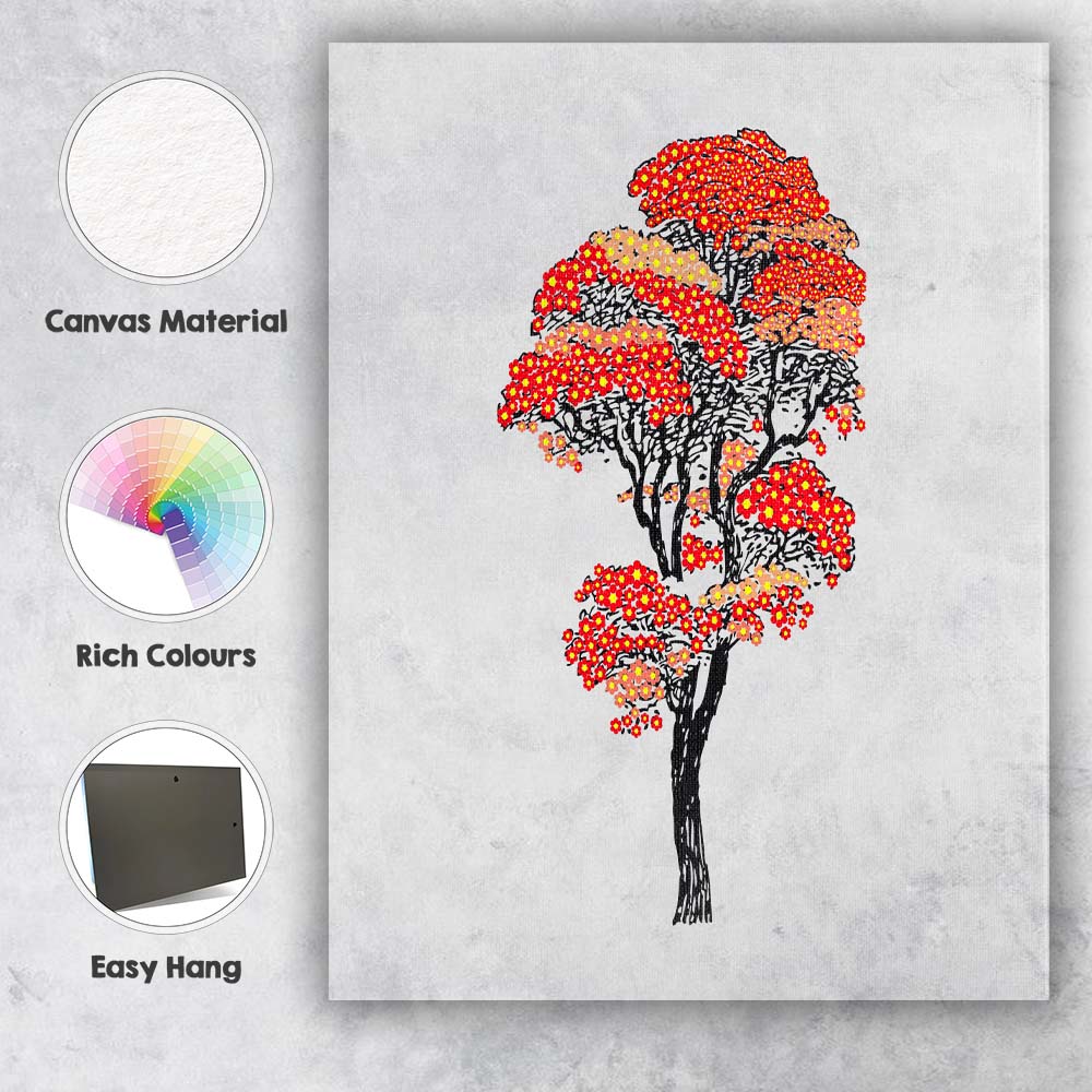 Red Blossom Bonsai Style Tree Floral Oriental Illustration Canvas Wall Art Print Decor Picture Ready to Hang