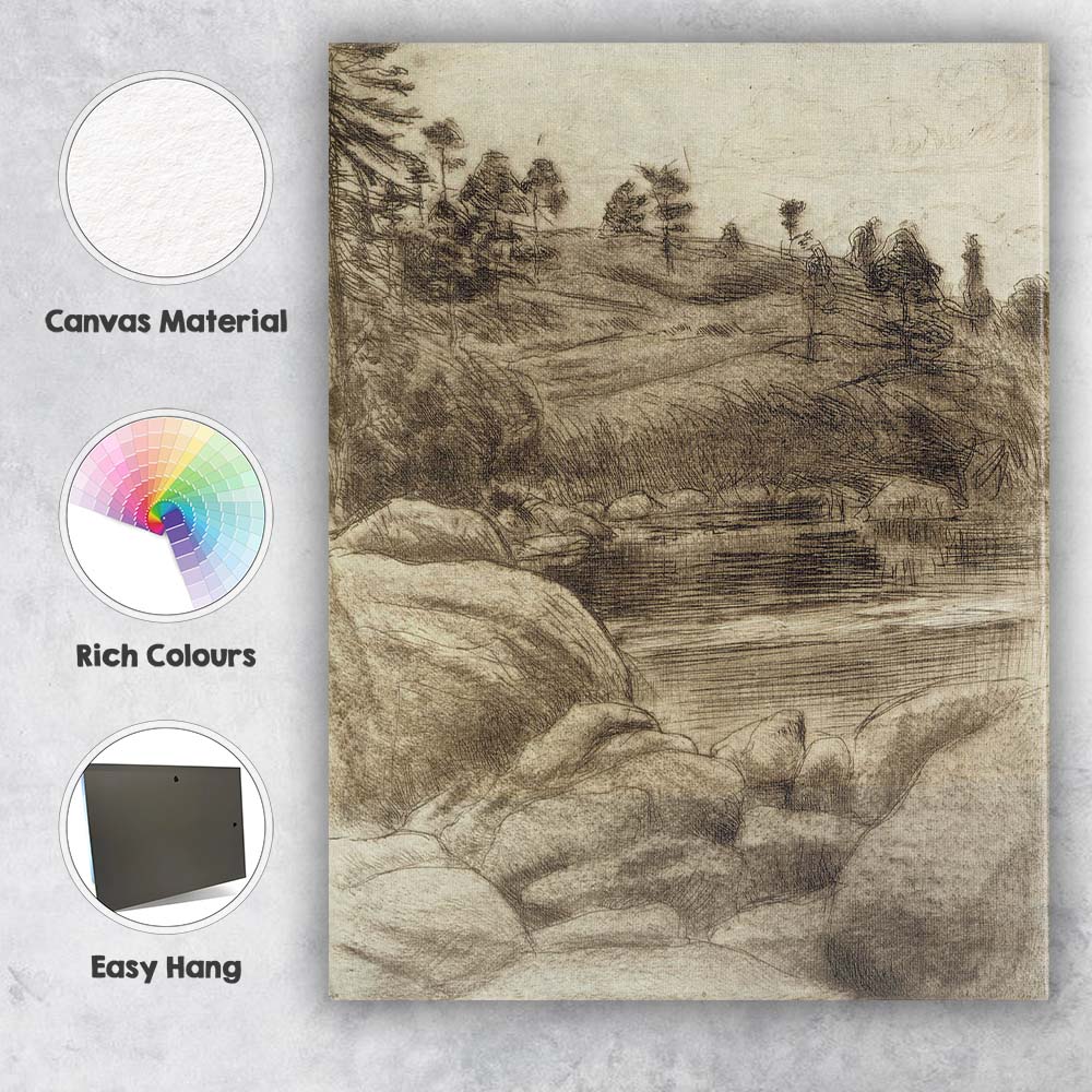 Sepia Ink Landscape Riverbank Woodland Sketch Canvas Wall Art Print Decor Picture Ready to Hang
