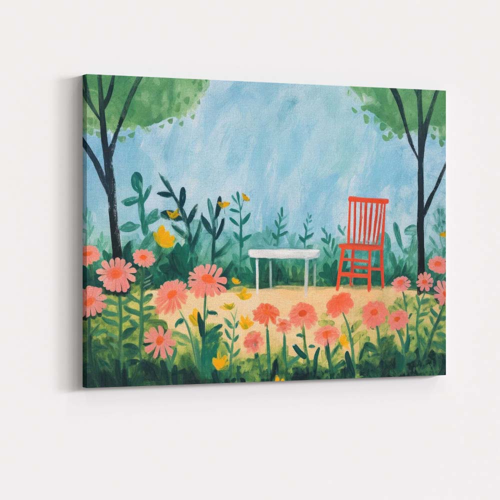 Whimsical Floral Garden Red Chair Watercolour Style Illustration Canvas Wall Art Print Decor Picture Ready to Hang