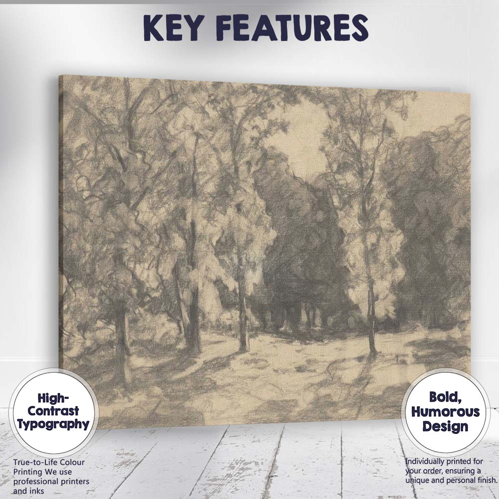 Sunlit Woodland Grove Impressionist Charcoal Landscape Canvas Wall Art Print Decor Picture Ready to Hang