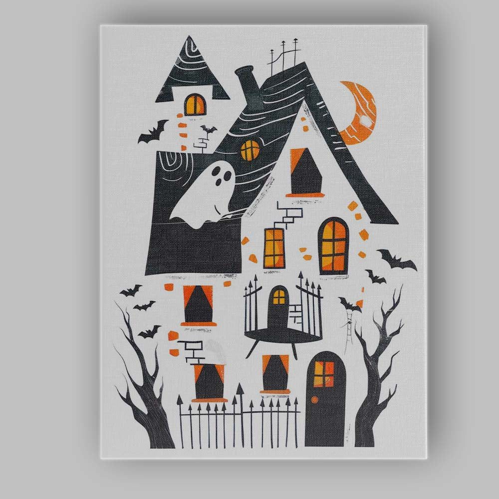 Whimsical Haunted House Halloween Folk Art Illustration Canvas Wall Art Print Decor Picture Ready to Hang