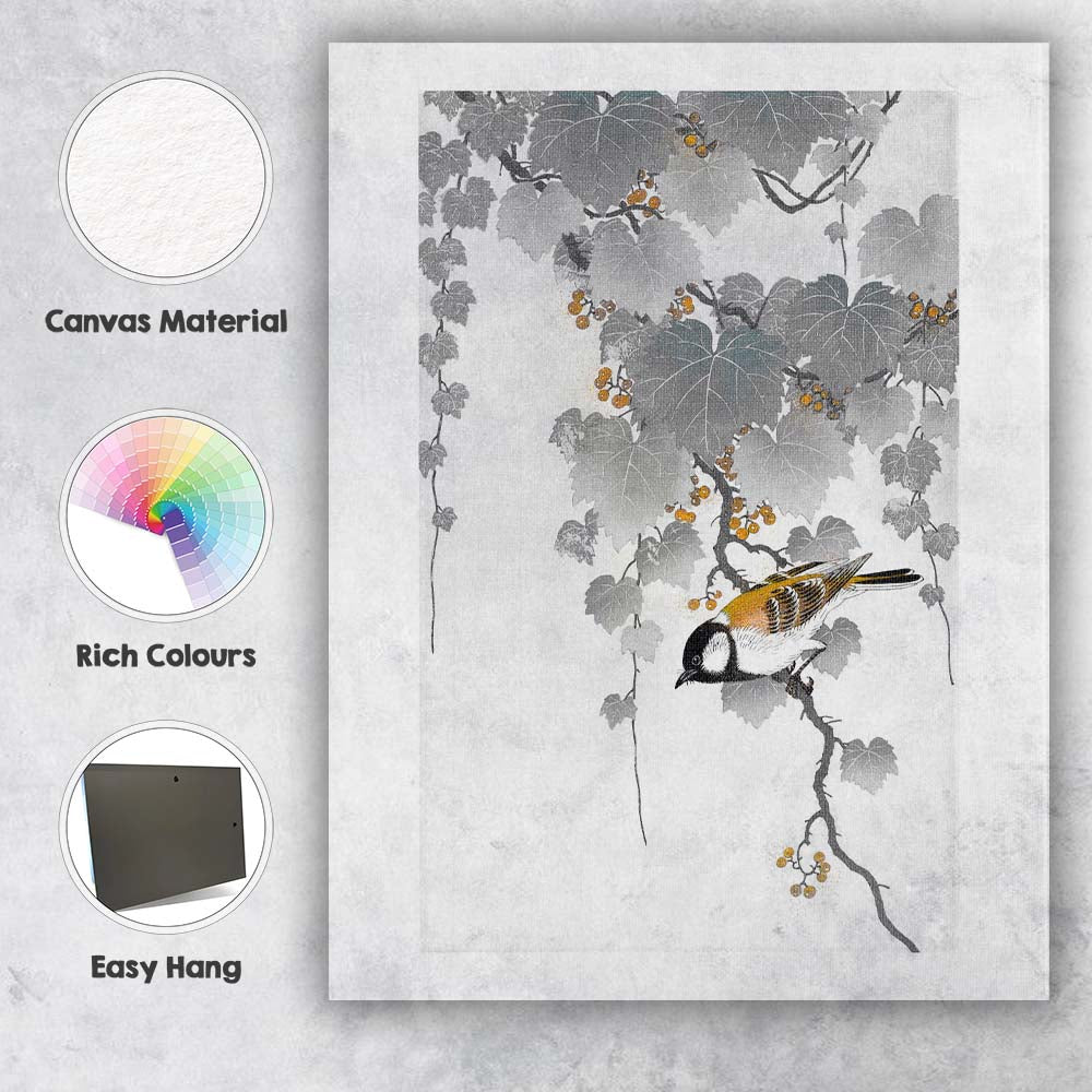 Japanese Style Bird and Berry Vine Nature Artwork Canvas Wall Art Print Decor Picture Ready to Hang