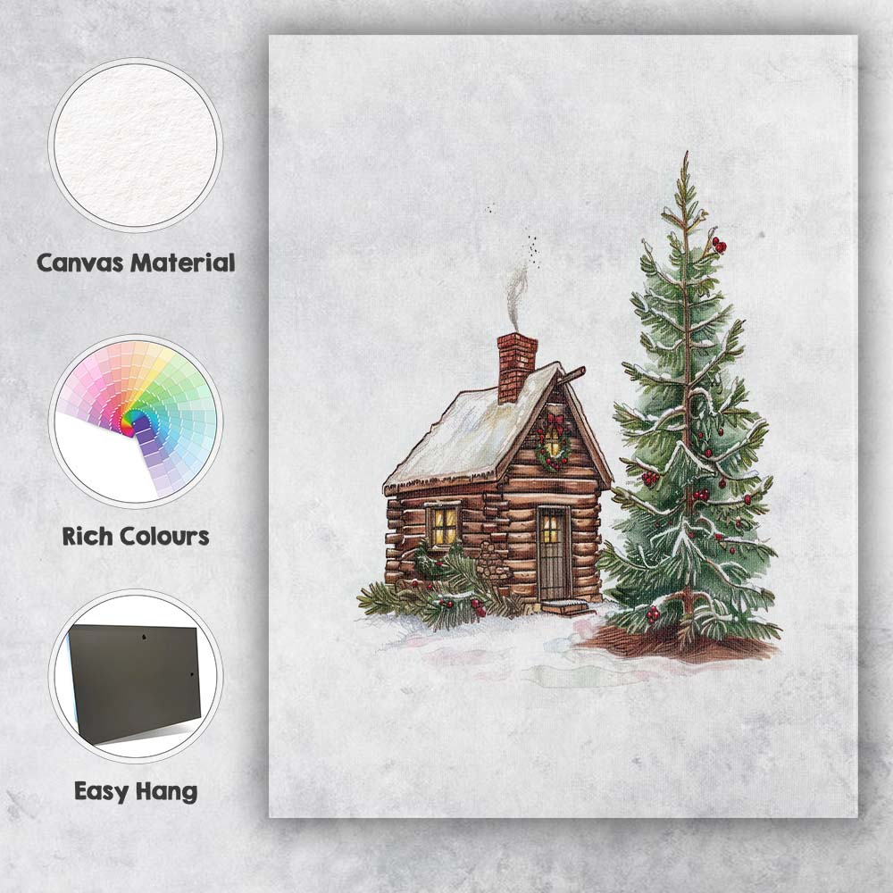 Rustic Snow Covered Log Cabin and Evergreen Christmas Tree Watercolour Canvas Wall Art Print Decor Picture Ready to Hang