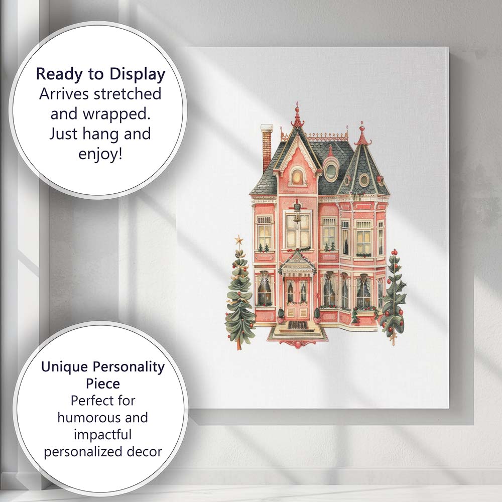 Victorian Pink Christmas House Festive Winter Watercolour Illustration Canvas Wall Art Print Decor Picture Ready to Hang