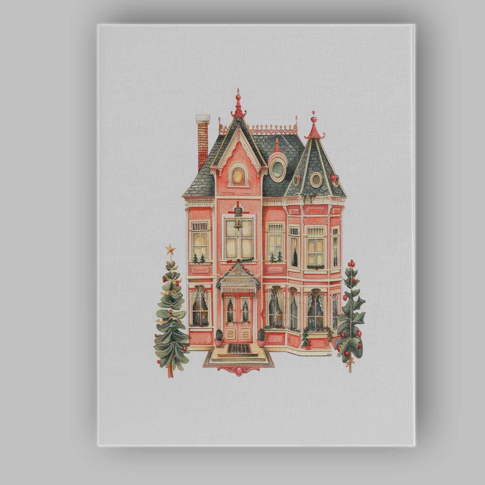Victorian Pink Christmas House Festive Winter Watercolour Illustration Canvas Wall Art Print Decor Picture Ready to Hang
