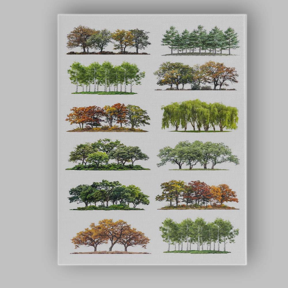 Mixed Woodland Tree Cluster Botanical Landscape Collection Canvas Wall Art Print Decor Picture Ready to Hang