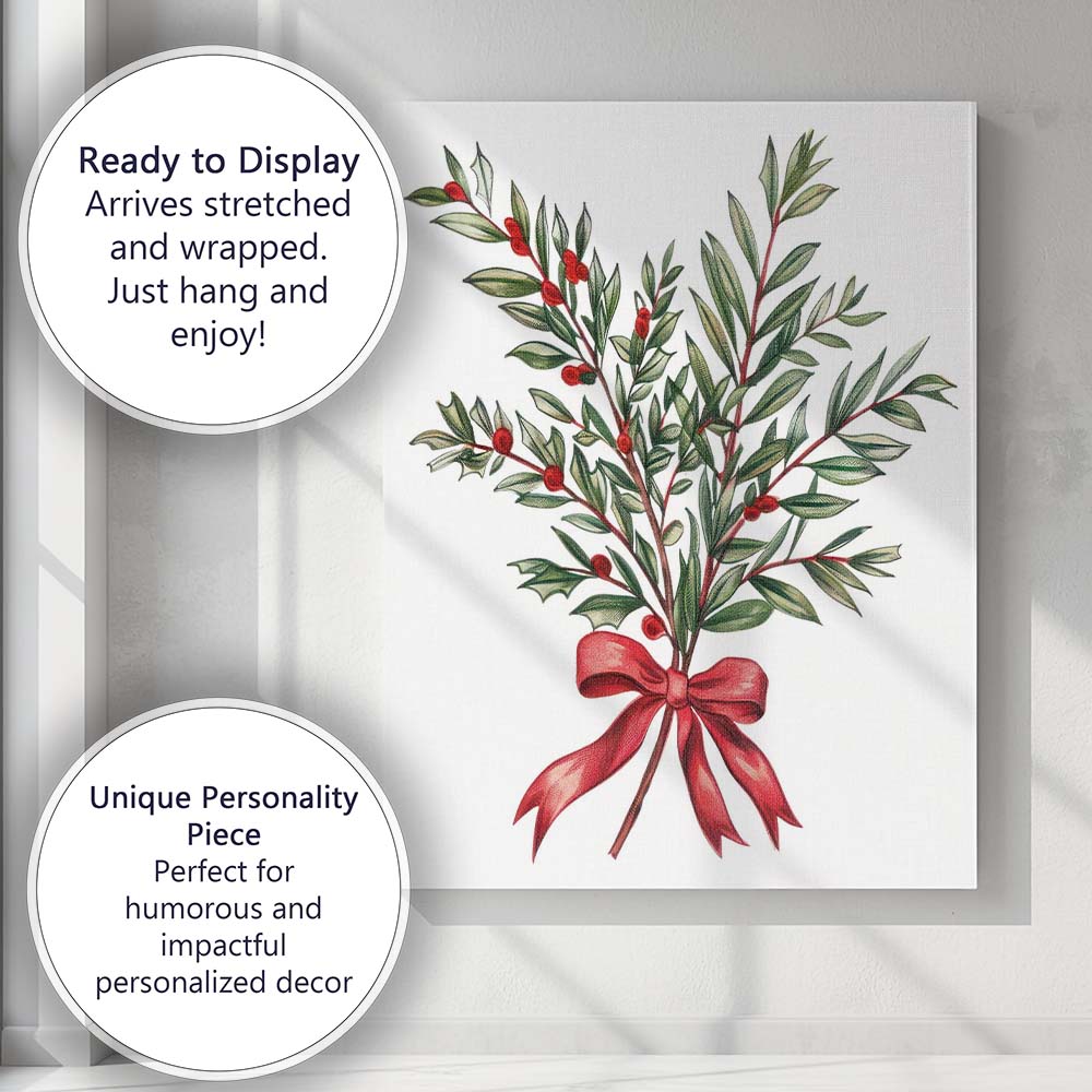 Traditional Mistletoe Sprig with Red Ribbon Christmas Botanical Artwork Canvas Wall Art Print Decor Picture Ready to Hang