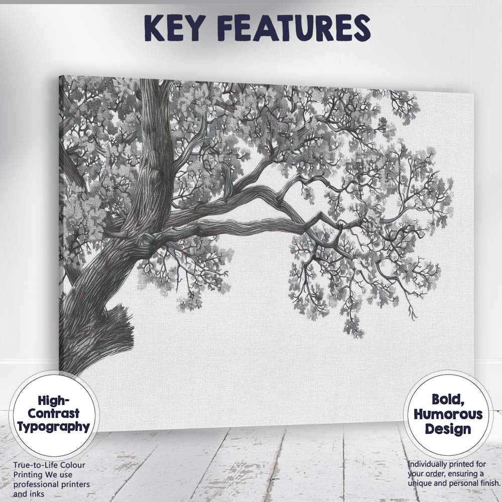 Monochrome Oak Tree Branch Canopy Detailed Nature Drawing Canvas Wall Art Print Decor Picture Ready to Hang