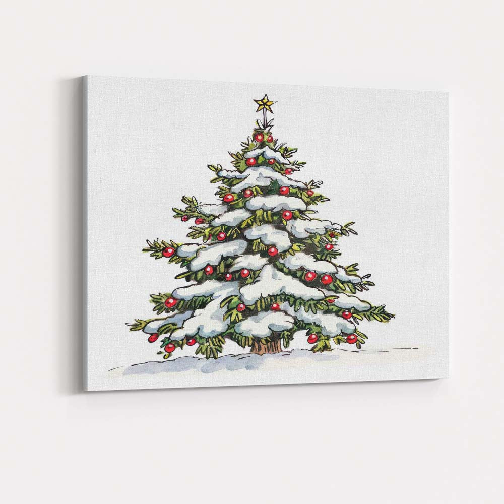 Decorated Snowy Christmas Tree Festive Winter Illustration Canvas Wall Art Print Decor Picture Ready to Hang