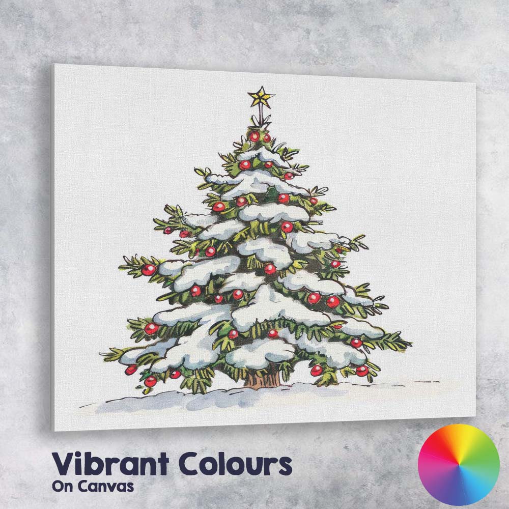 Decorated Snowy Christmas Tree Festive Winter Illustration Canvas Wall Art Print Decor Picture Ready to Hang